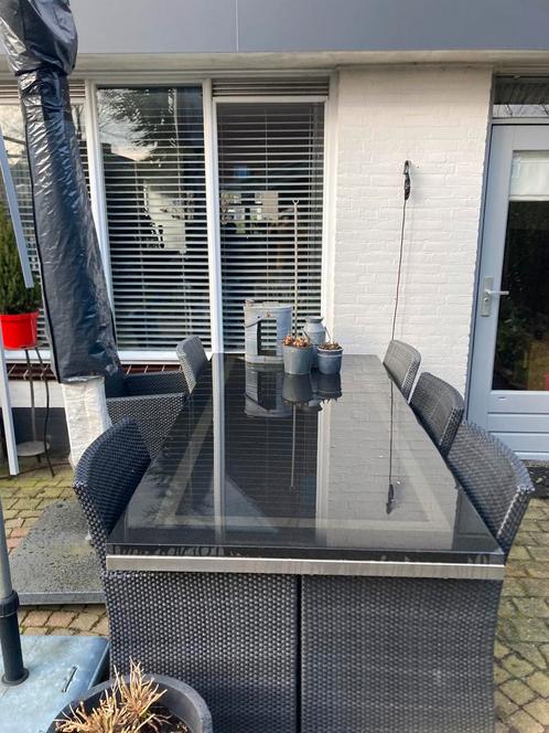 Tuinset met 6 stoelen, natuurstenen blad en RVS onderstel