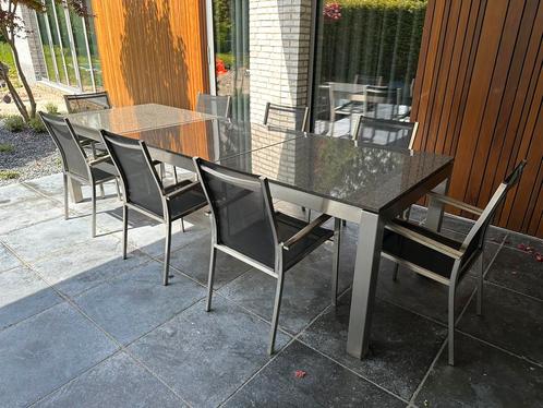 Tuintafel RVS met granieten blad en 8 rvs stoelen (Tuinset)