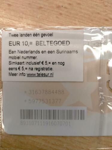 Twee landen Sim 06-37-88-44-88 Unieke Mooie Telesur SIMKAART