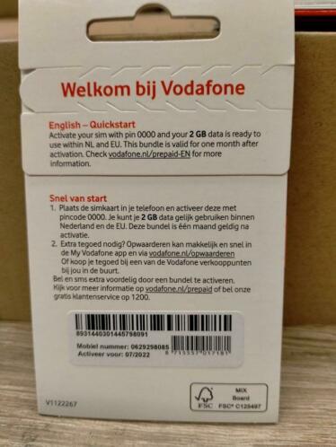 Unieke Mooi PREPAID VODAFONE SIMKAART 2GB