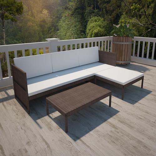 vidaXL 3-delige Loungeset met kussens poly rattan bruin