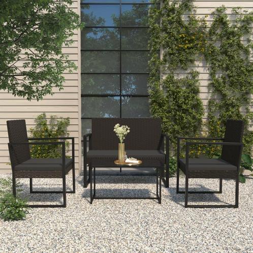 vidaXL 4-delige Loungeset met kussens poly rattan zwart