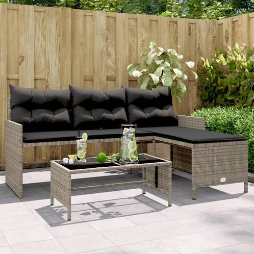 vidaXL Tuinbank met tafel en kussens L-vormig poly rattan