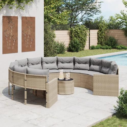 vidaXL Tuinbank met tafel en kussens rond poly rattan beige