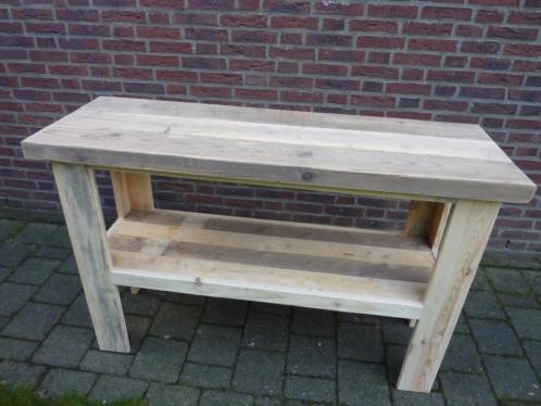 wandwerktafel oppottafel van sloophout met steigerhoutblad