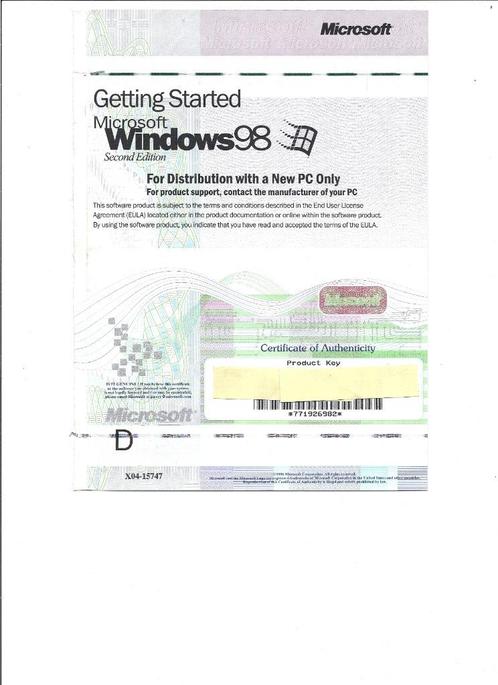 Windows98 2nd Ed.Certificate of Authenticity orig. retro pc