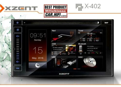 XZENT X402 2-din cd dvd DAB usb bluetooth en navi nu 399,-