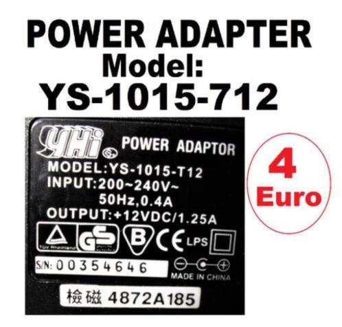 YHI POWER ADAPTER In 200-240V-50Hz 0.4A uit 12VDC1.25A