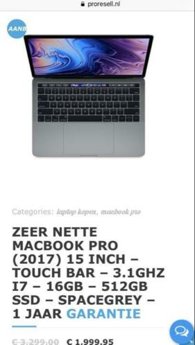 Zgan Macbook pro touchbar 15 inch 3.1 16gb 512ssd AppleCare 